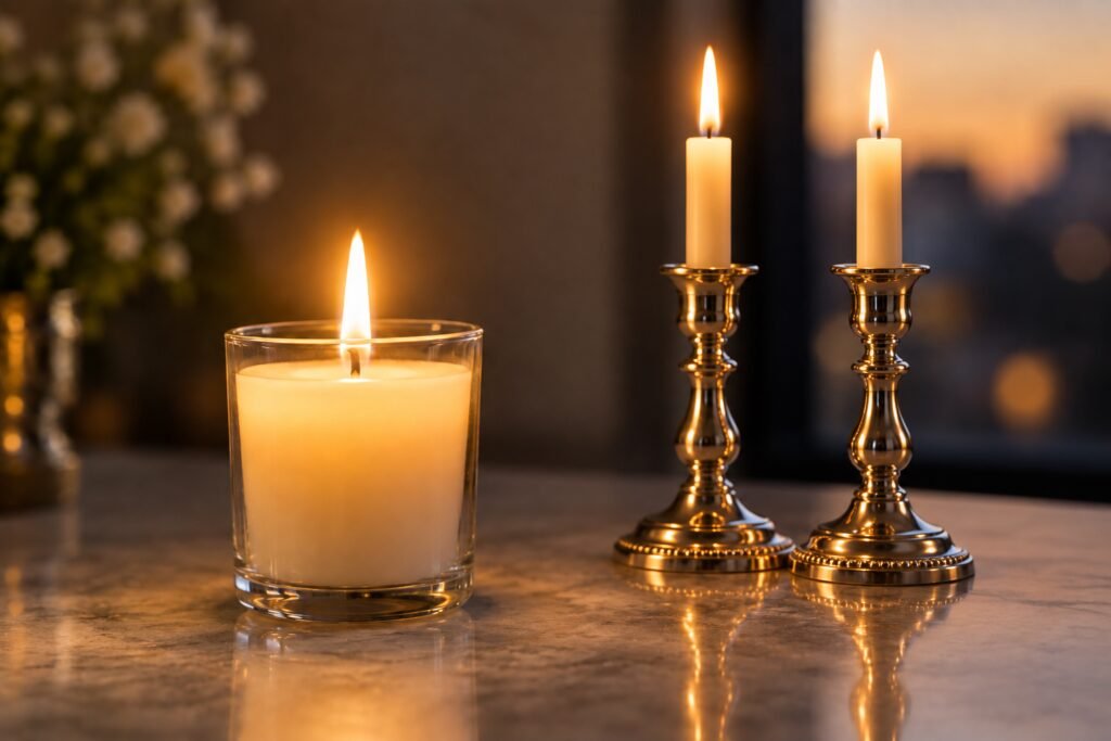 Lit memorial candle beside two lit candlesticks on a polished table at dusk.