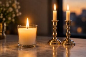 Lit memorial candle beside two lit candlesticks on a polished table at dusk.