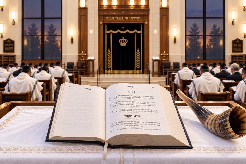 Open Yom Kippur machzor at Ne’ilah on a white-covered bimah beside a shofar, with men praying in tallitot in a brightly lit Orthodox synagogue.
