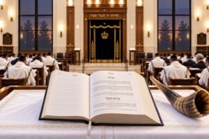 Open Yom Kippur machzor at Ne’ilah on a white-covered bimah beside a shofar, with men praying in tallitot in a brightly lit Orthodox synagogue.