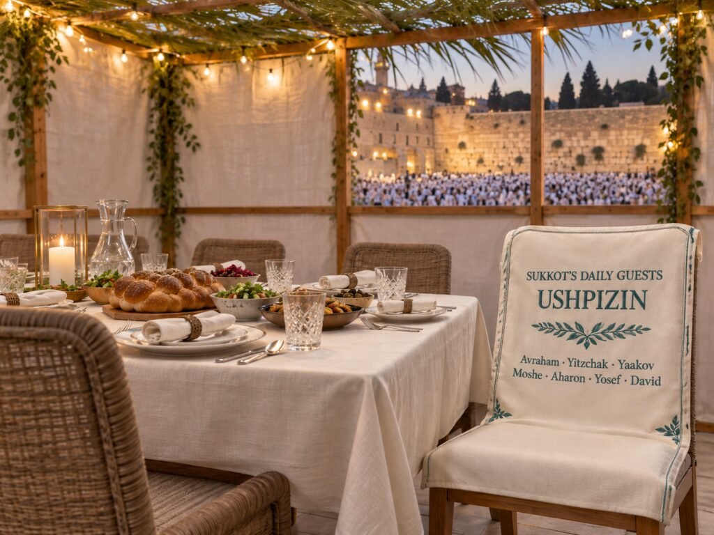 Sukkah table prepared for Sukkot with an embroidered Ushpizin chair cover in the foreground and the Kotel Plaza filled with worshippers for Birkat Kohanim in the background.