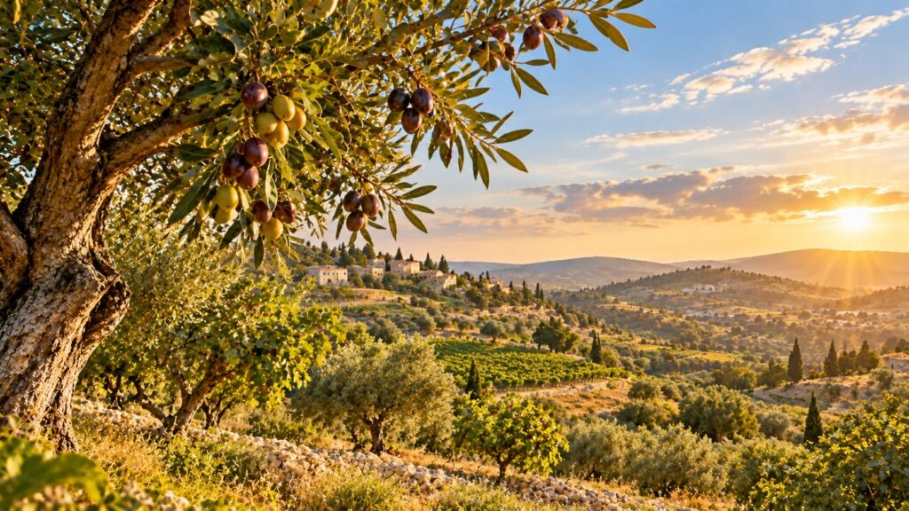 Sunset over a hilly Israeli landscape with fruit trees, olive groves, stone terraces, and houses in the distance.