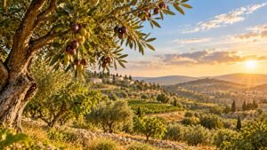 Sunset over a hilly Israeli landscape with fruit trees, olive groves, stone terraces, and houses in the distance.