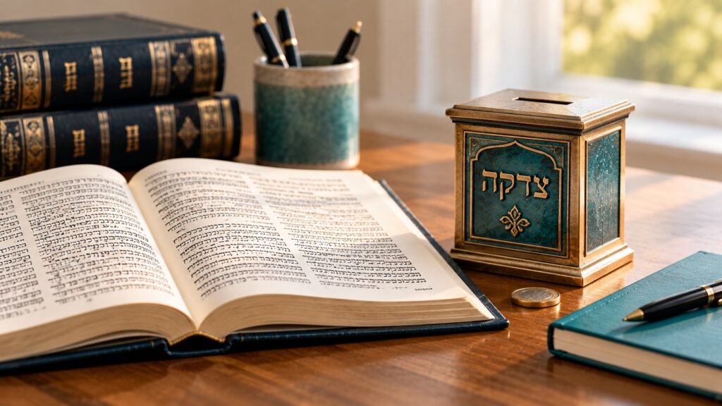 Desk with open book, book pile, tzedaka box and coin.