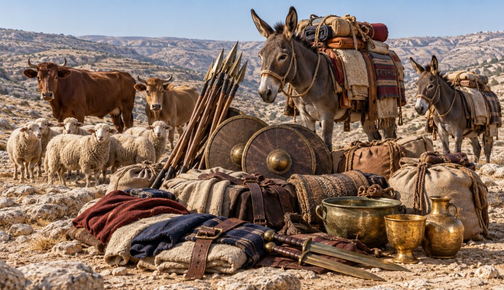 Two loaded donkeys beside cattle, sheep, bundled garments, spears, shields and metal vessels in a rocky landscape.