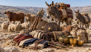 Two loaded donkeys beside cattle, sheep, bundled garments, spears, shields and metal vessels in a rocky landscape.