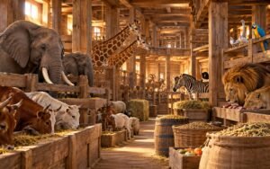 Illustration of animals in wooden enclosures inside Noach’s ark, with feeding troughs, hay, grain and stored provisions.